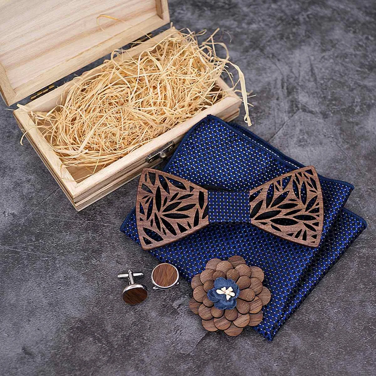  1 Set Vintage Wooden Bow Tie Handkerchief Flower Brooches Pin Corsage Cuff Link Shirt Accessories G