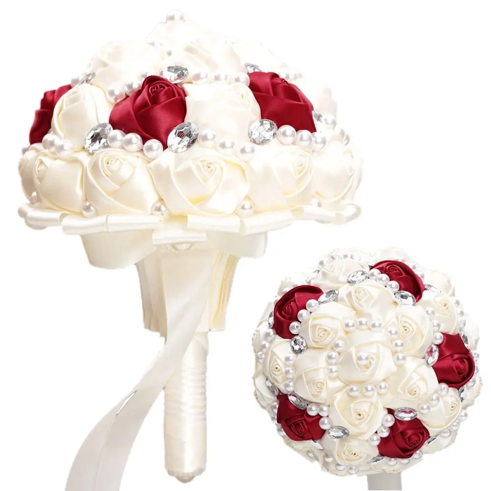

18cm Artificial Wedding Bouquet Artificial Flower Satin Rose Pearls Rhinestones Bridal Bouquet Wedding Supplies