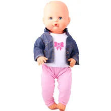 Одежда для кукол; 41 см; Nenuco Doll Nenuco y su Hermanita; 3 в 1; джинсовое пальто; белая футболка; розовые брюки для 16 дюймов; Nenuco; Одежда для кукол