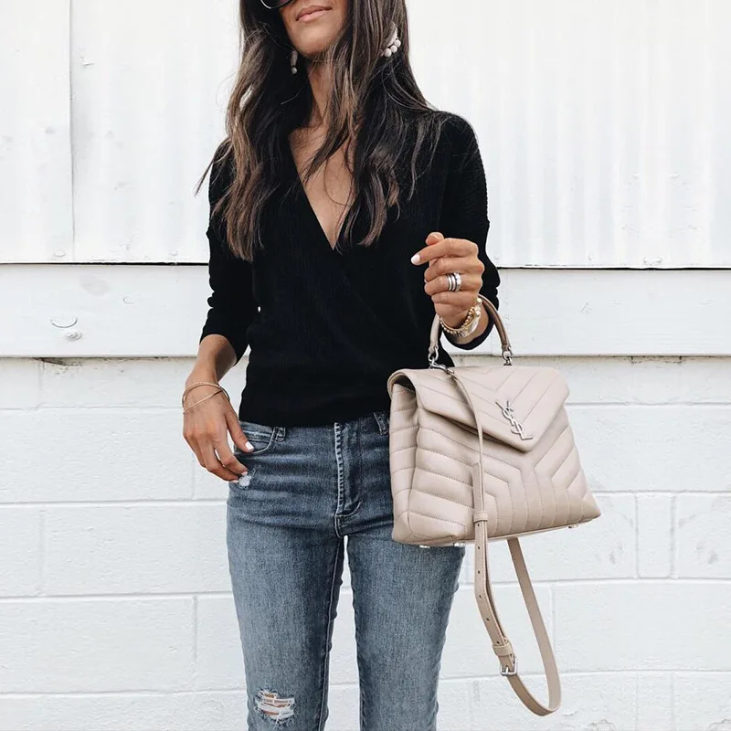 LOSSKY V Neck Sweaters Women 2018 Autumn  Long Sleeve Tops Female Casual Jumper Winter Streetwear Fashion Sexy Solid Sweater