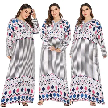 

Kaftan Abaya Muslim Women Striped Long Sleeve Dress Islamic Robe Jilbab Gown Print Casual Loose Plus Size Dubai Arab Maxi Dress