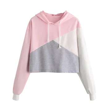 

Hot Sale Hoodies Solid Crop Hoodie Women Long Sleeve Splice Sweatshirt Hooded Pullover Femme Coat Casual Sweatshirt Top d#