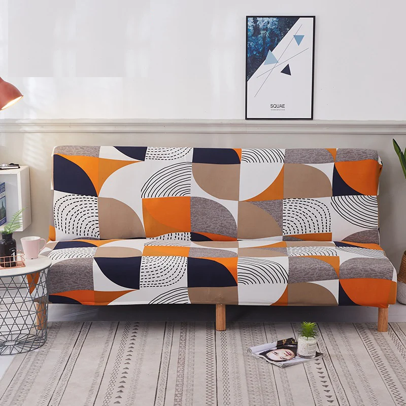 

White Black Sofa Bed Cover Orange Light Coffee Spandex Armless Sofa Cover Geometrical Shaped Couch Cover Without Armrests