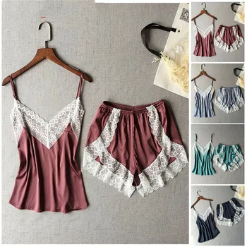 

2019 Summer 2pcs Satin Lace Sleepwear Babydoll Sexy Lingerie Nightdress Pajamas Set Sleepwear Pajamas V-neck