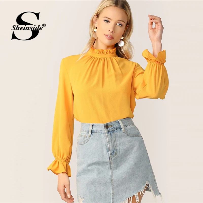 

Sheinside Elegant Stand Collar Chiffon Blouse Women 2019 Spring Ginger Flounce Sleeve Blouses Ladies Solid Keyhole Back Top