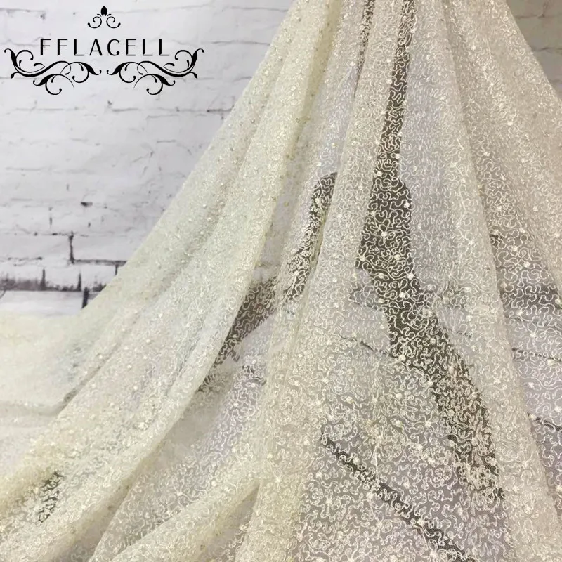 FFLACELL 1 ярд Изысканный тюль кружево ткань звезда цветочный Вышивка металлическое кружевное свадебное платье ткань шириной 130 см
