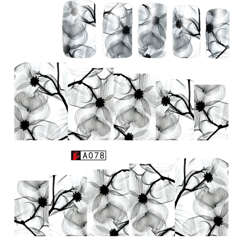 1 лист элегантные чернила Цветы Узор Вода Наклейка Маникюр дизайн ногтей перевод рисунка наклейка для ногтей
