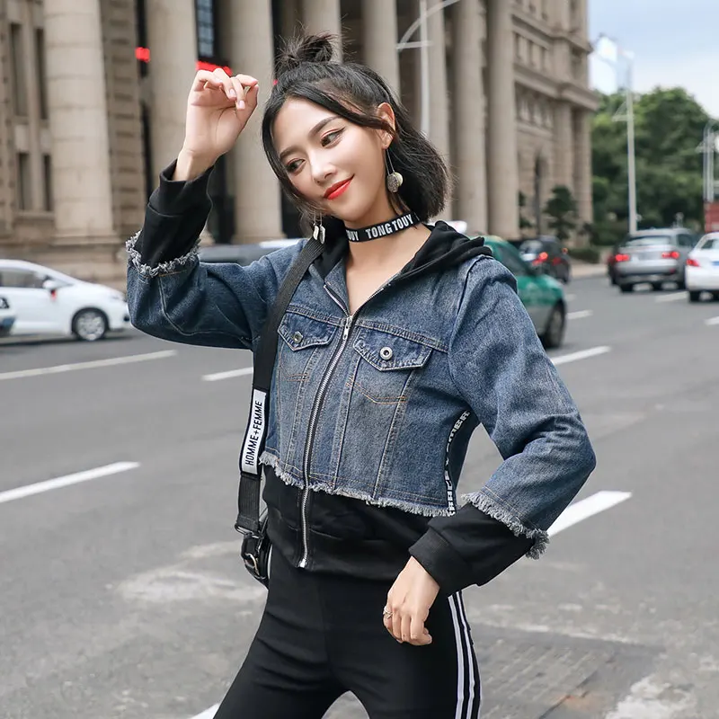 

Letter Stitching Hooded Denim Coats Women Long Sleeve Short Zipper Slim Versatile Denim Jacket Casual High Street Outerwear New