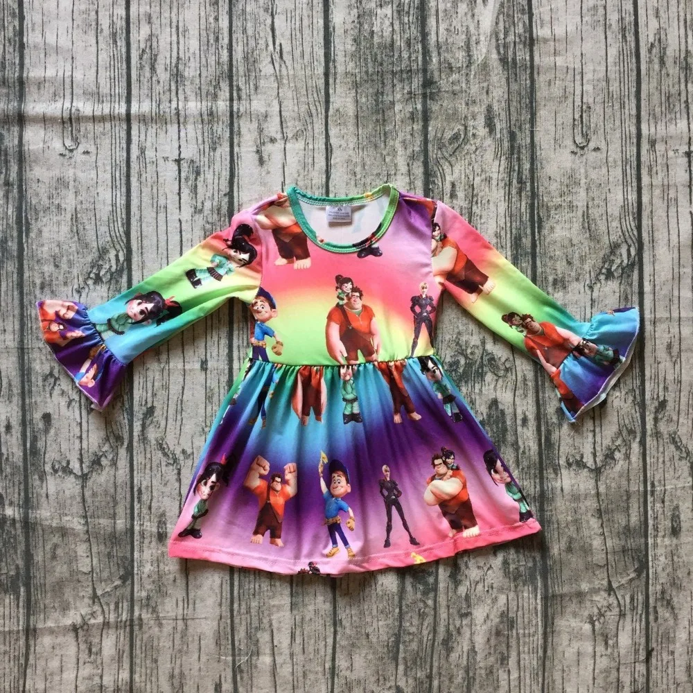 

new arrival milk silk Carton girls children clothes baby cotton Fall/Winter long sleeve ruffle dress boutique kids wear colorful