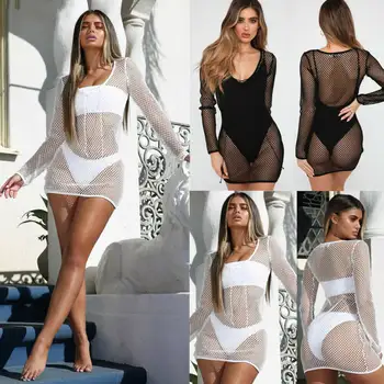 

Women Hollow Mesh Net Bikini Cover Up Swimwear Fishnet Summer Hot Female Bathing Solid Color Suit Summer Swimwear