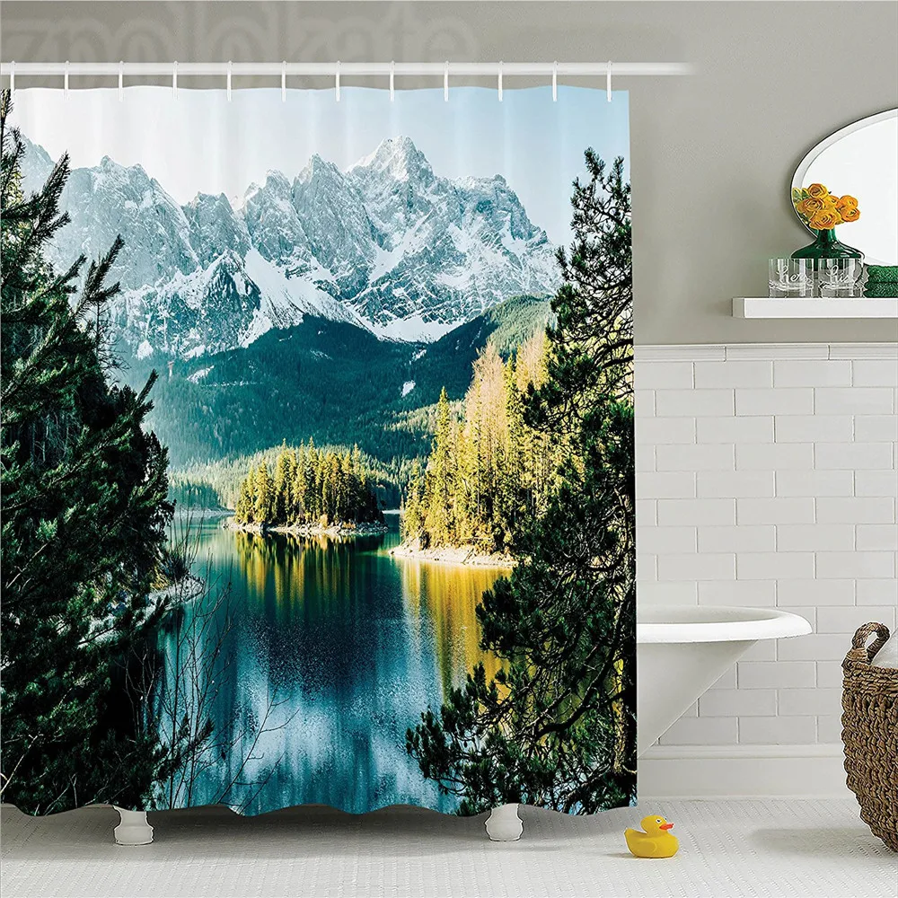 Lake House Decor Shower Curtain Set Mountain Lake In Northern Germany With Frozen Peaks And