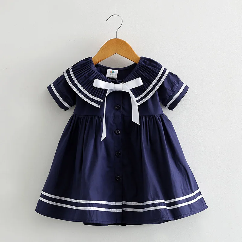 Лето, милое детское темно-синее платье с короткими рукавами, бантом и матросским воротником в стиле пэчворк для маленьких девочек 2, 3, 4, 6, 8, 10 лет