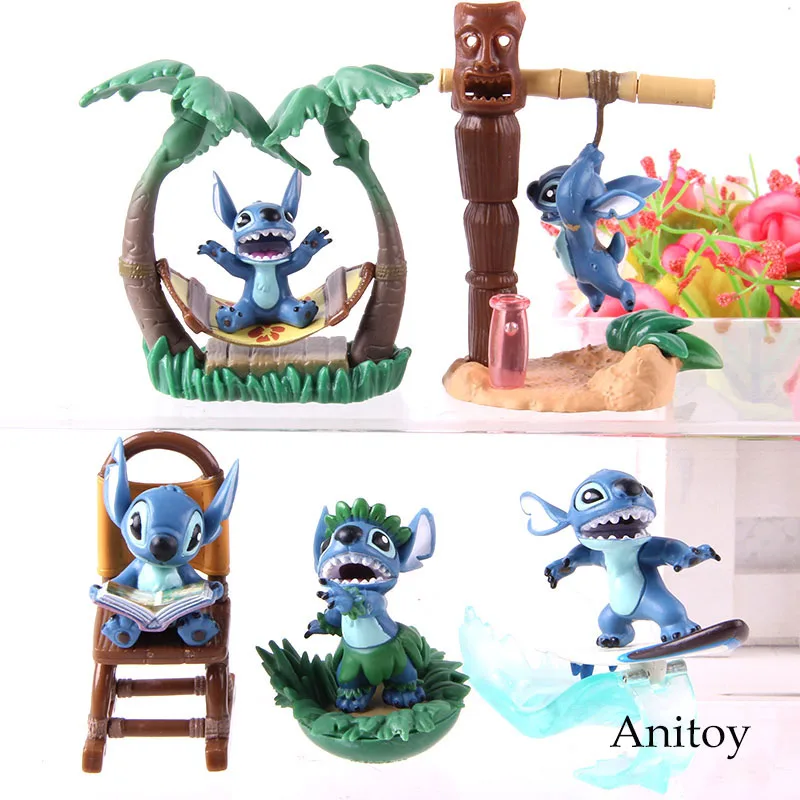 Skup Anime Lilo i Stitch figurka hawaje plaża do czytania Surfing pcv model kolekcjonerski zabawki Stitch prezent urodzinowy 5 sztuk zestaw