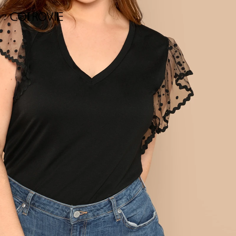 COLROVIE Plus Size Black Mesh Contrast Flutter Sleeve V-Neck Casual T-Shirt Women Tops 2019 Spring Short Sleeve Elegant Tee COLROVIE Plus Size Black Mesh Contrast Flutter Sleeve V-Neck Casual T-Shirt Women Tops 2019 Spring Short Sleeve Elegant Tee