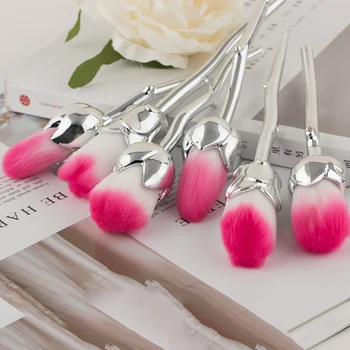 

6Pcs/Set Sliver Rose Flower Shape Makeup Brushes Set Soft Pink Hair Face Powder Foundation Blush Blending Makeup Tools Cosmetic