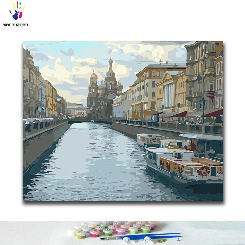 

DIY Coloring paint by numbers city building paintings by numbers with kits 40x50 framed