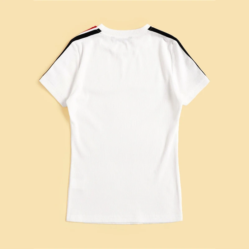 SweatyRocks полосатая вязанная футболка с рукавом в рубчик, повседневные женские эластичные облегающие Топы, летние белые футболки для активного отдыха