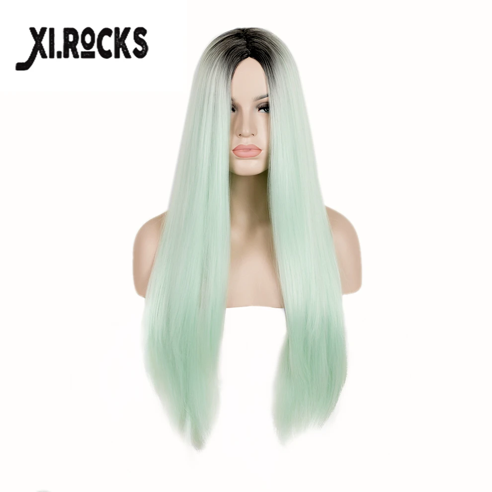 

3101 Xi.rocks Black Ombre Light Green Hair Synthetic Jenner Sexy Style peruca Stylish Wig Long Straight Cosplay wigs for Women