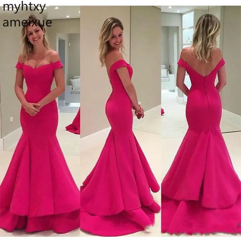 

Simple Sexy 2019 Off the Shoulder Evening Dresses Pink Gown Sleeveless Mermiad Tiered Skirt Court Train Ruched Robe De Soiree