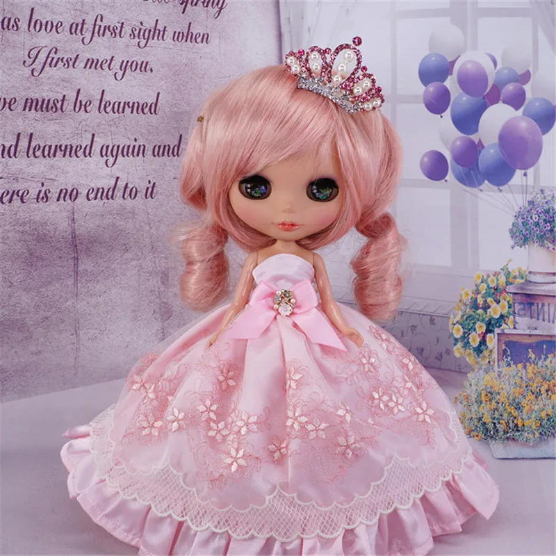 

New Design Clothes for 1/6 blyth Doll Pink Flowers lace Dress Small Crown For Pullip, Licca, Azone 1/6 Doll Clothes Accessories
