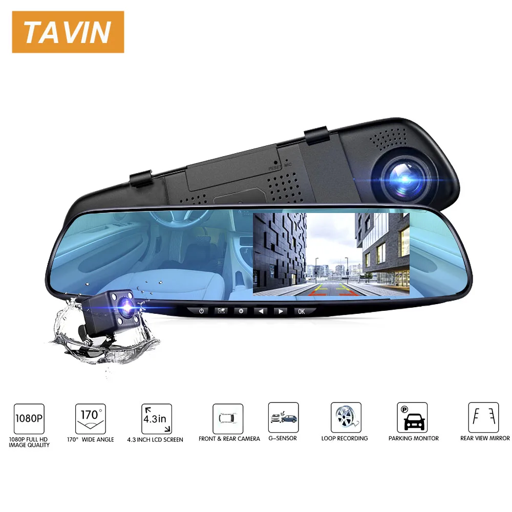 Тавин Full HD 1080P видеорегистратор Автомобильный видеорегистратор Камера авто 4,3 дюймов зеркало заднего вида цифровой видеорегистратор двойной объектив регистратор видеокамера