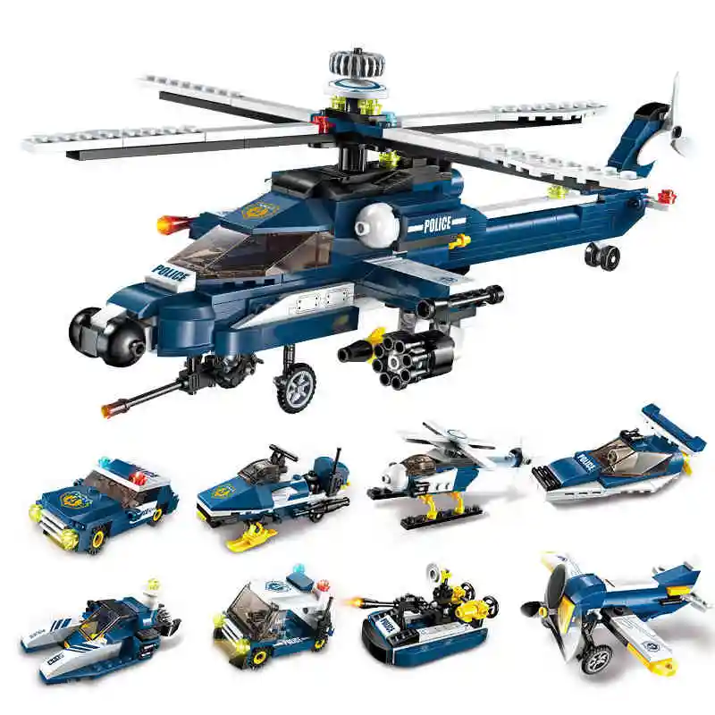 

8 In 1 Set Deformation New City Police Fighter Building Blocks Storm Armed Helicopter Educational Assemble Toys for kids gifts