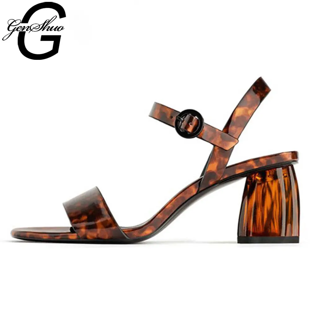 

GENSHUO Ankle Strap Heels Sandals 2019 Patent Leather Women Summer Shoes Open Toe Chunky High Heels Party Dress Sandals Women