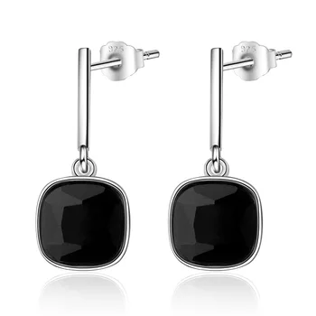 

New Fashion 925 Sterling Silver Classic Square Black CZ Zircon Ladies Stud Earrings Original Jewelry For Women Ear Cuff Gift
