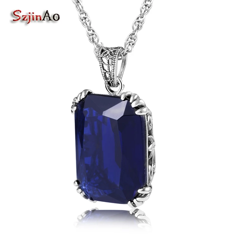 

Szjinao Vintage Pendant Charm Style Stone Suspension femme Sapphire Soild 925 100% Sterling Silver Jewelry for Women