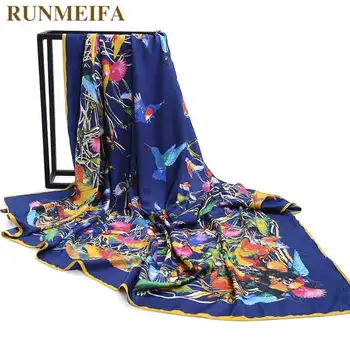 

[RUNMEIFA] 2018 Women Silk Scarf Large Shawls Stoles Bird Flower Tree Print Square Scarves Fashion Femme Wrap Bandanas 130*130CM