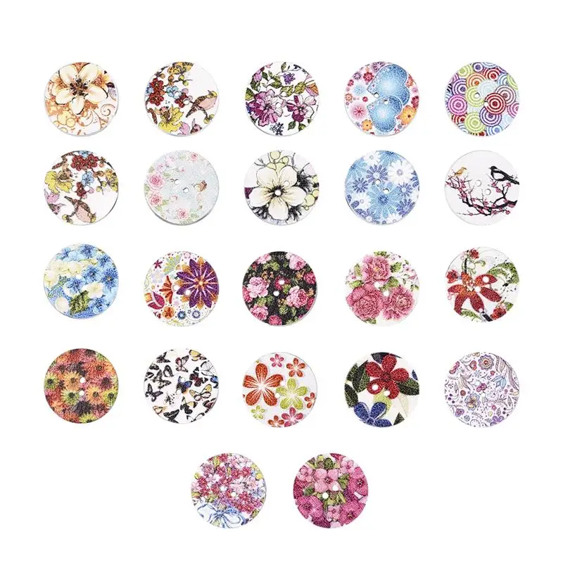 

100pcs 15mm Flower Pattern Round Shaped Wooden Button Mixed Wood Buttons 2 Holes Sewing Accessories For Clothes DIY Craft