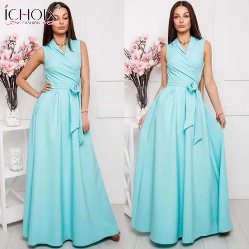 ICHOIX, элегантные летние длинные платья, женское сексуальное Макси платье с v-образным вырезом, Стильное женское вечернее платье в пол с поясом, vestidos