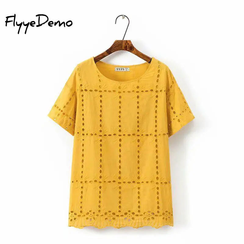 

4XL Plus Size Cutout Embroidery Women Tops Short Sleeve 2019 Summer T-shirt Loose Basic Tshirt Lace Hollow Out Tee Shirt Femme