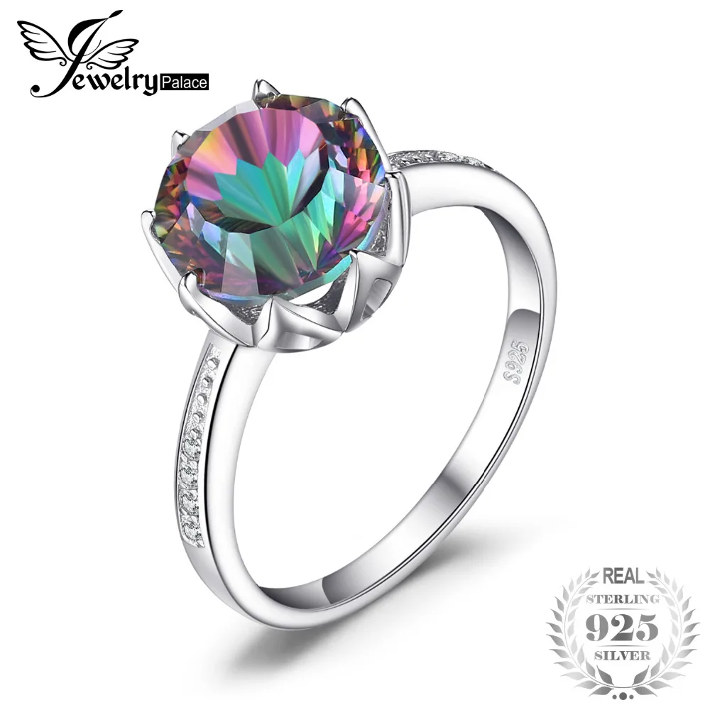 

4.3 ct Rainbow Fire Mystic Topaz Round Concave Cut Genuine Solid 925 Sterling Silver Ring Antique Fashion Jewelry Size 6 7 8 9