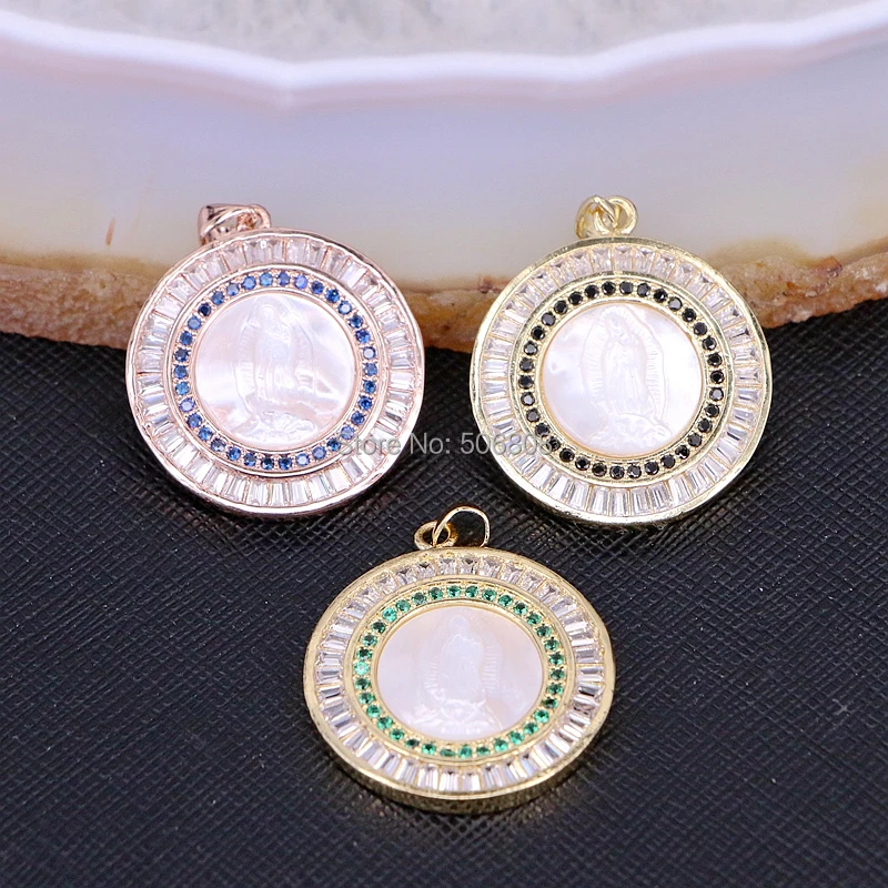 

5PCS ZYZ185-8813 CZ Micro Pave Zirconia Nature Mother of Pearl Shell Round Shape Pendant