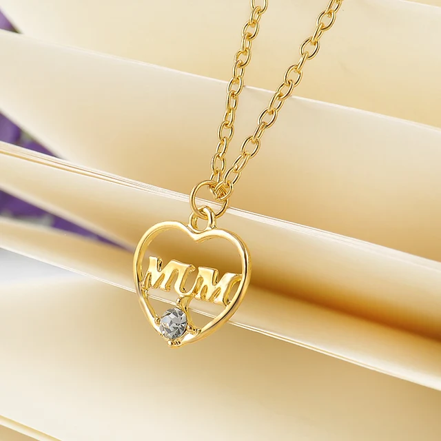 Gold Color Love "Mum" Crystal Heart Pendant Necklace Mother's Day Gifts