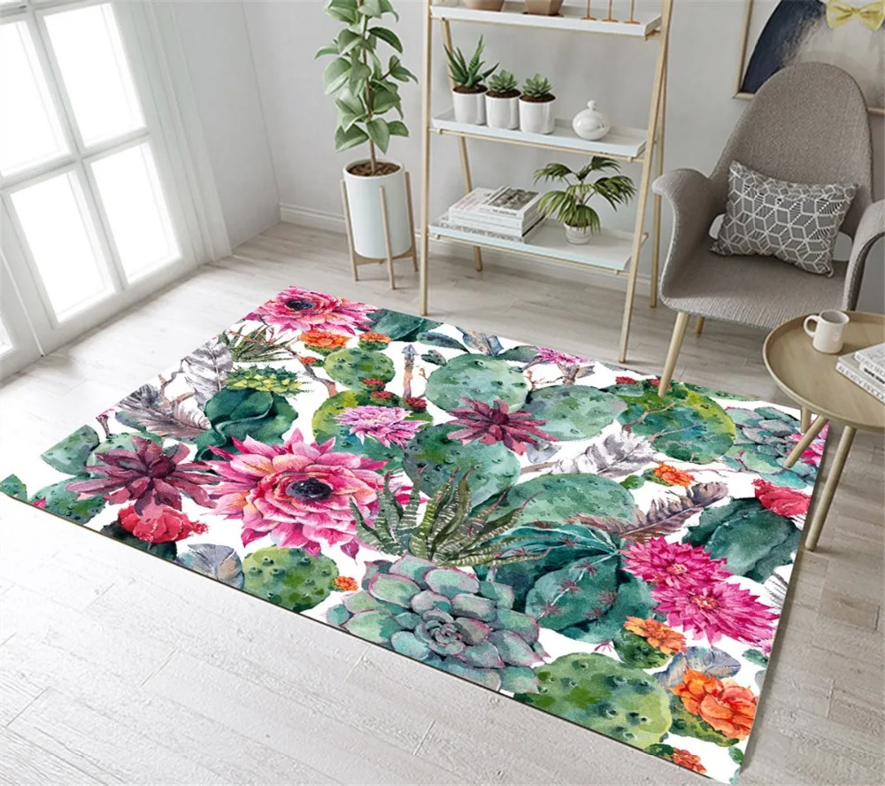 

LB Flower Watercolor Tropical Cactus Succulents Area Rugs Bedroom Carpet Doorway Anti-skid Absorbent Floor Mat For Living Room