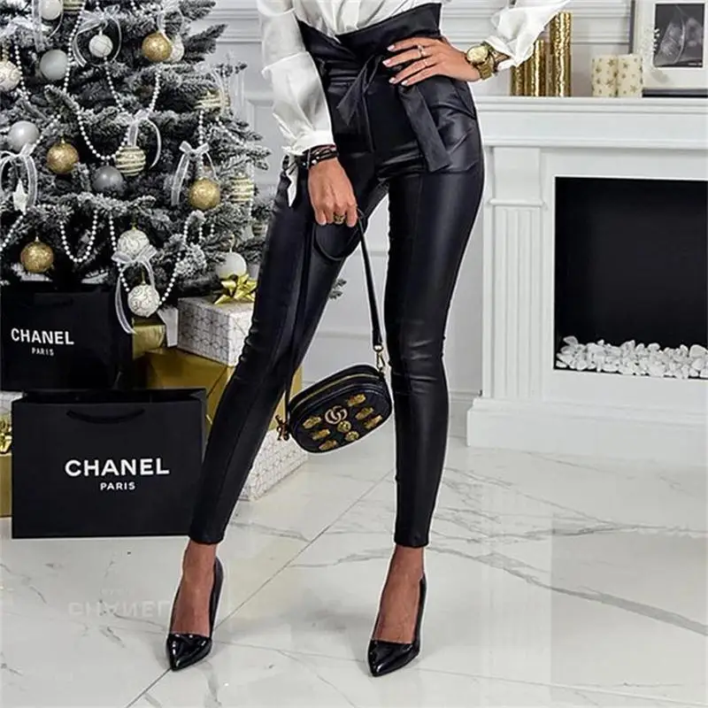 Сексуальные золотисто-черные брюки-карандаш с высокой талией, женские длинные брюки из искусственной кожи с поясом, повседневные сексуальные эксклюзивные модные дизайнерские брюки - Цвет: black