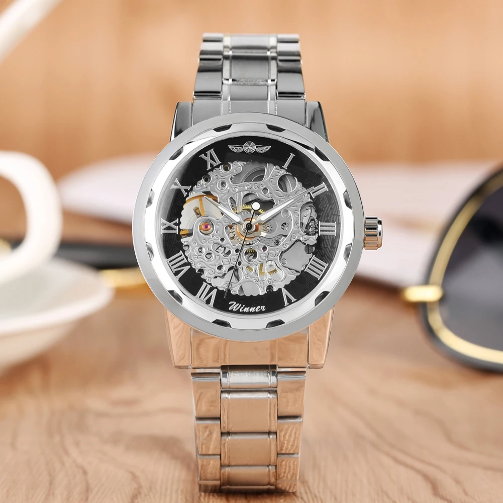 

Transparent Skeleton Watches WINNER Brand Hand Winding Mechanical Wristwatch Silver Strap Male Business Timepiece Clock Reloj