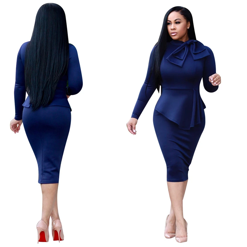 

Adogirl 2018 New Stylish Ladies Office Dress Elegant Bow Neck Long Sleeve Peplum Pencil Midi Dresses High Quality Party Vestidos