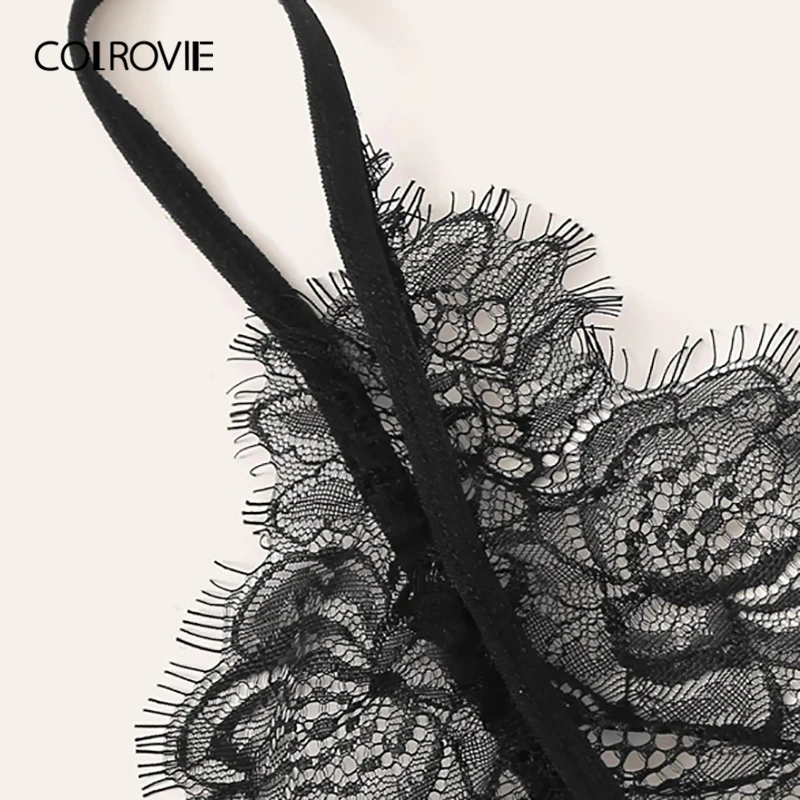 COLROVIE, черный кружевной комплект нижнего белья с подвязками и цветами, женское нижнее белье,, сексуальные комплекты, беспроводной бюстгальтер и стринги, комплект нижнего белья