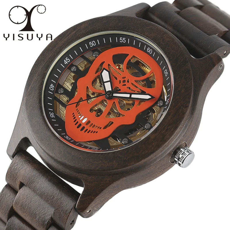 

YISUYA Luxury Automatic Mechanical Mens Watch Unique Steel Skull Skeleton Clock Natural Full Wooden Bangle Sport Reloj de madera