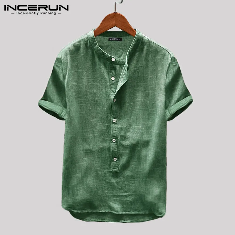 

INCERUN Summer Men Stand Collar Shirt Solid Color Button Short Sleeve Casual Personality Small Fresh 2020 Camisa Masculina S-5XL
