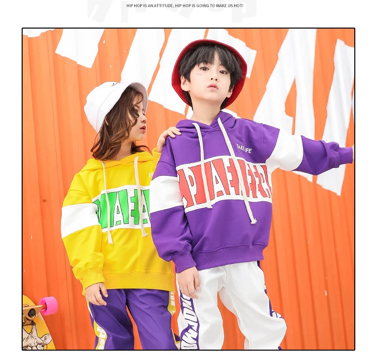 Детская одежда с капюшоном в стиле хип-хоп Повседневная рубашка, свитер Топы, штаны для бега для девочек и мальчиков, танцевальный костюм Одежда для бальных танцев