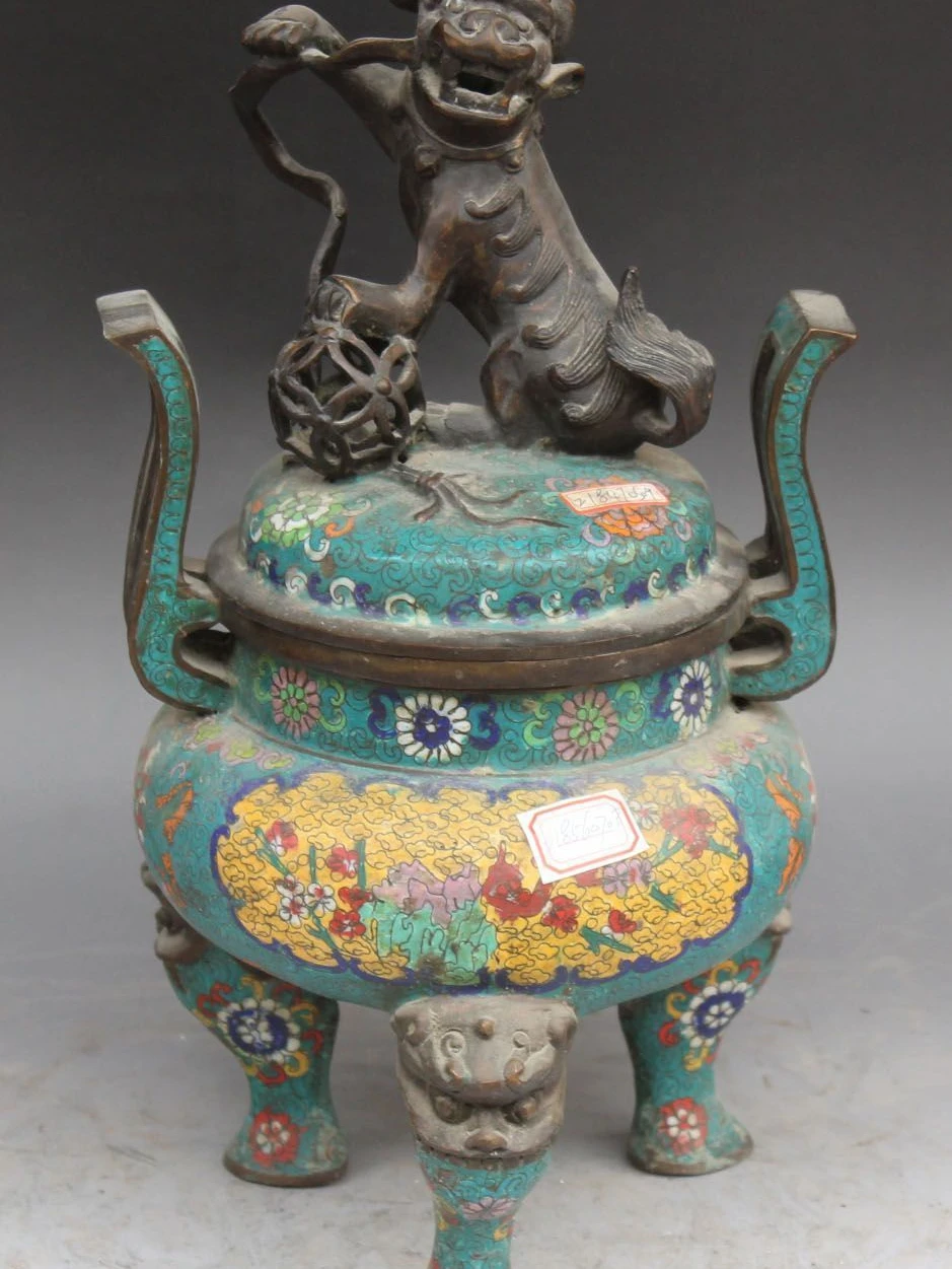 

17" Purple Bronze Cloisonne Enamel Foo Fu Dog Lion Dog incense burner Censer Pot