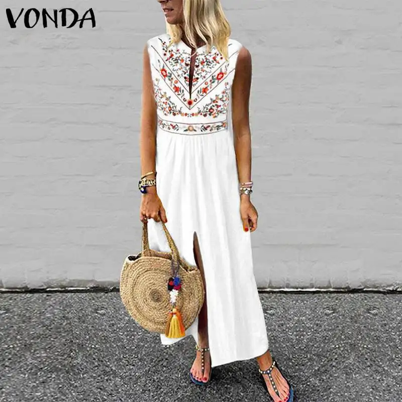 

VONDA Beach Printed Maxi Dress Bohemian Women Sleeveless V-neck Dresses Sexy Split Hem Party Vestidos Plus Size Vintage Kaftan