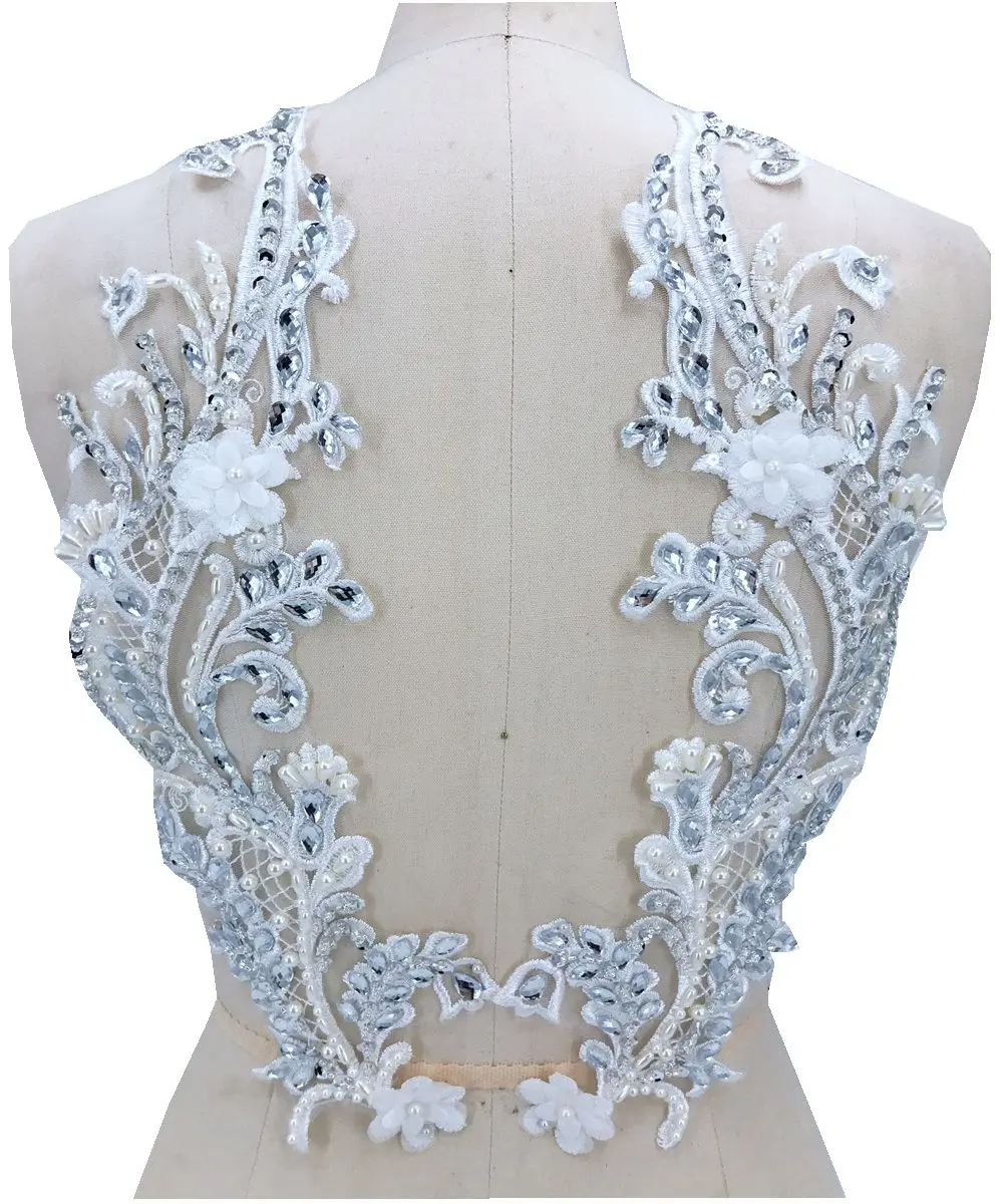 

3D Three-dimensional flower sew on rhinestones beads pearl ivory lace applique trim patches 42*15cm2pcs for dress accessory