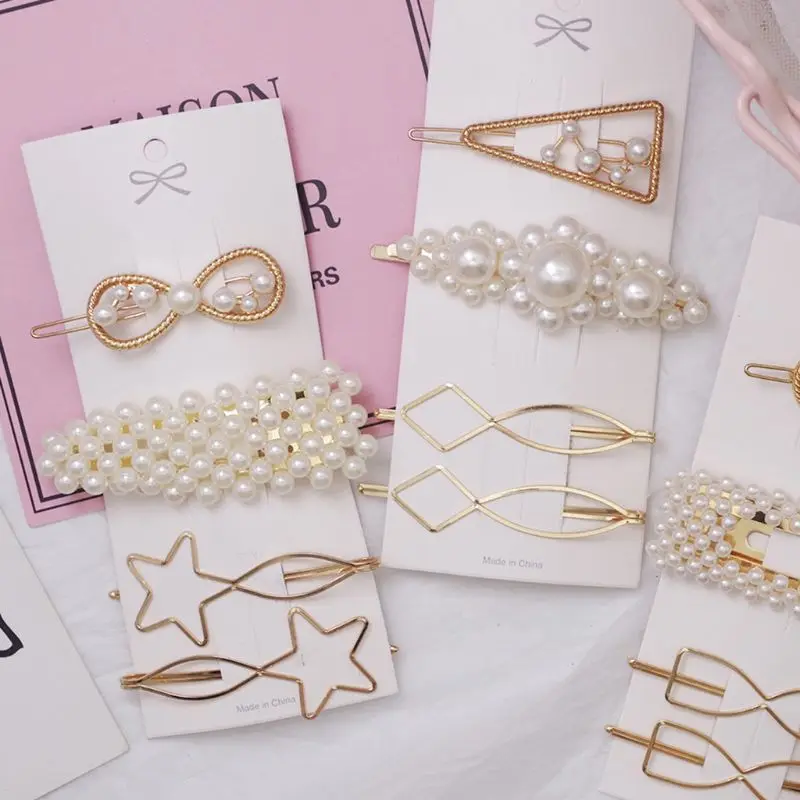 

4 Pcs/set Sweet Girl Artificial Pearl Hairpin Set Metal Geometric Side Clip Bangs Clips Lady Women Hair accessories
