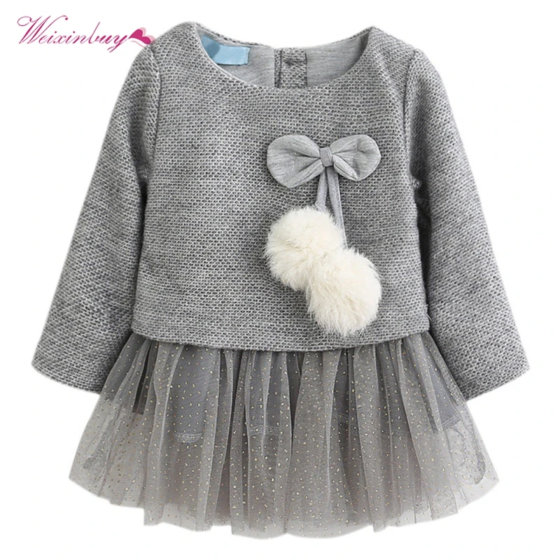 

2017 Girls Dress Autumn Long Sleeve Patchwork Plush Ball Bow Tulle Dresses Kids Clothes