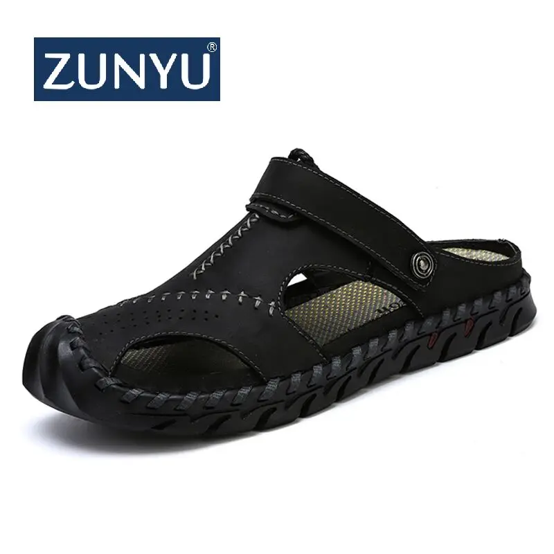 ZUNYU 2019 جديد أزياء الصيف الأحذية جلد البقر الرجال الصنادل اليد الخياطة رجل حذاء كاجوال المطاط باطن الشاطئ أحذية حجم 38 -46
